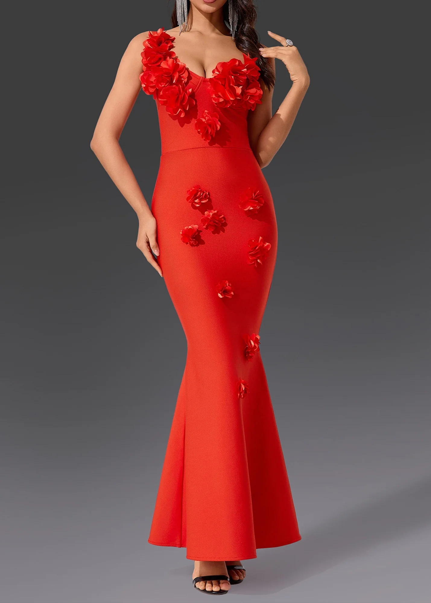 Red Floral Sleeveless Mermaid Maxi Dress