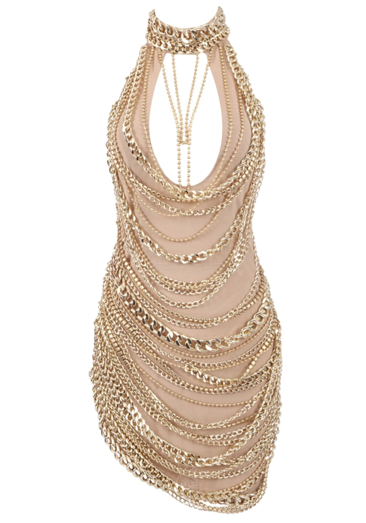 Nude Chain Embellished Halter Mini Dress