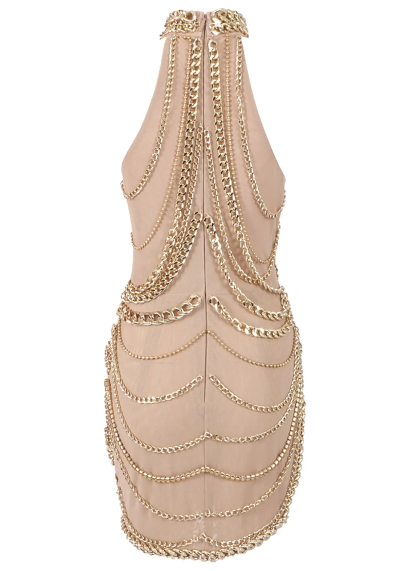 Nude Chain Embellished Halter Mini Dress