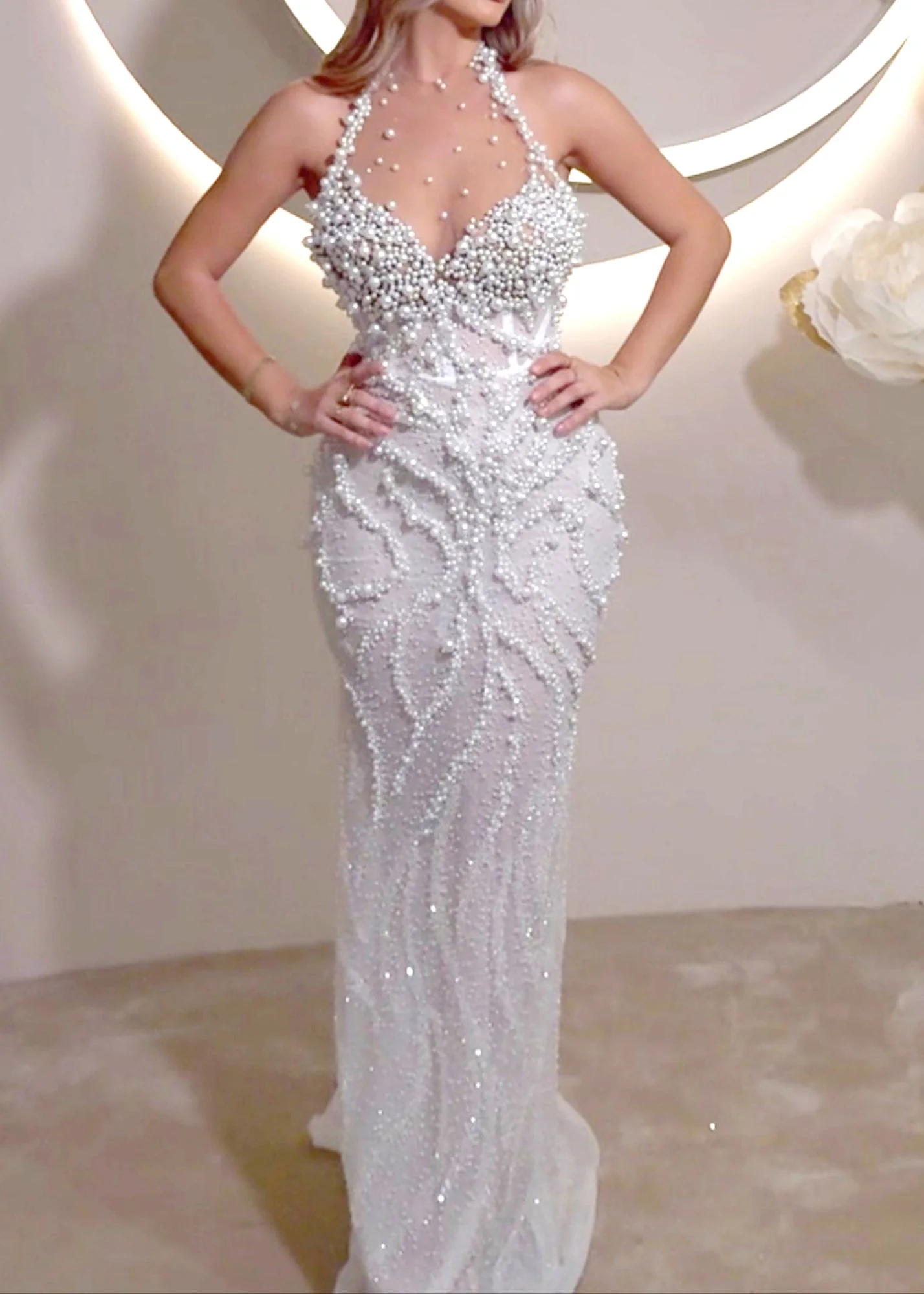 White Sequin Halter Maxi Dress with Pearl Detail