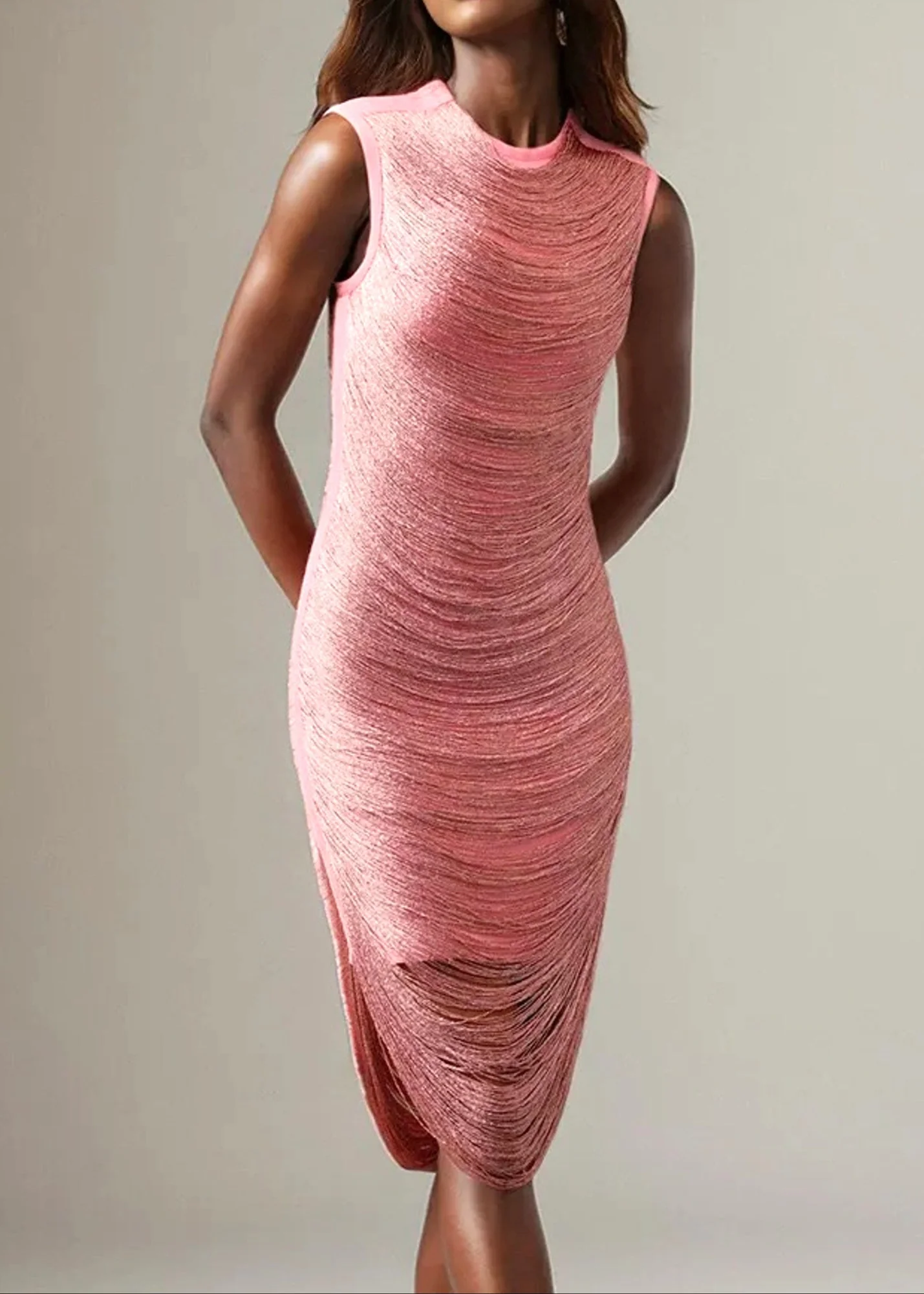 Pink Sparkly Tassel Midi Dress - Elegant O-Neck Sleeveless Design