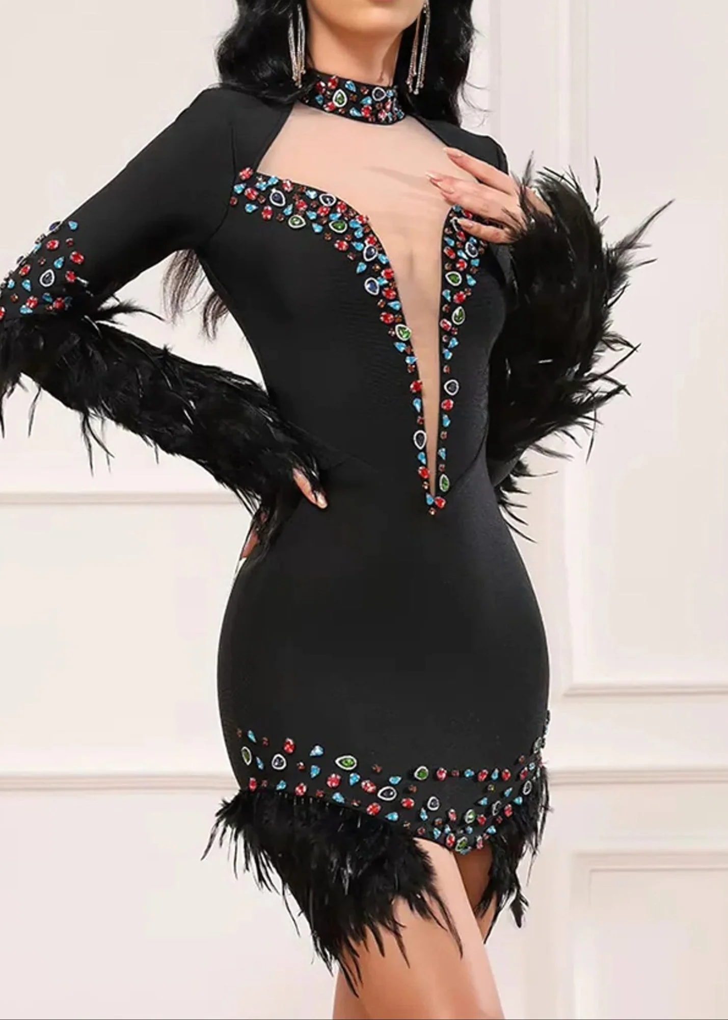 Black Feather Embellished Mini Dress with Rhinestones