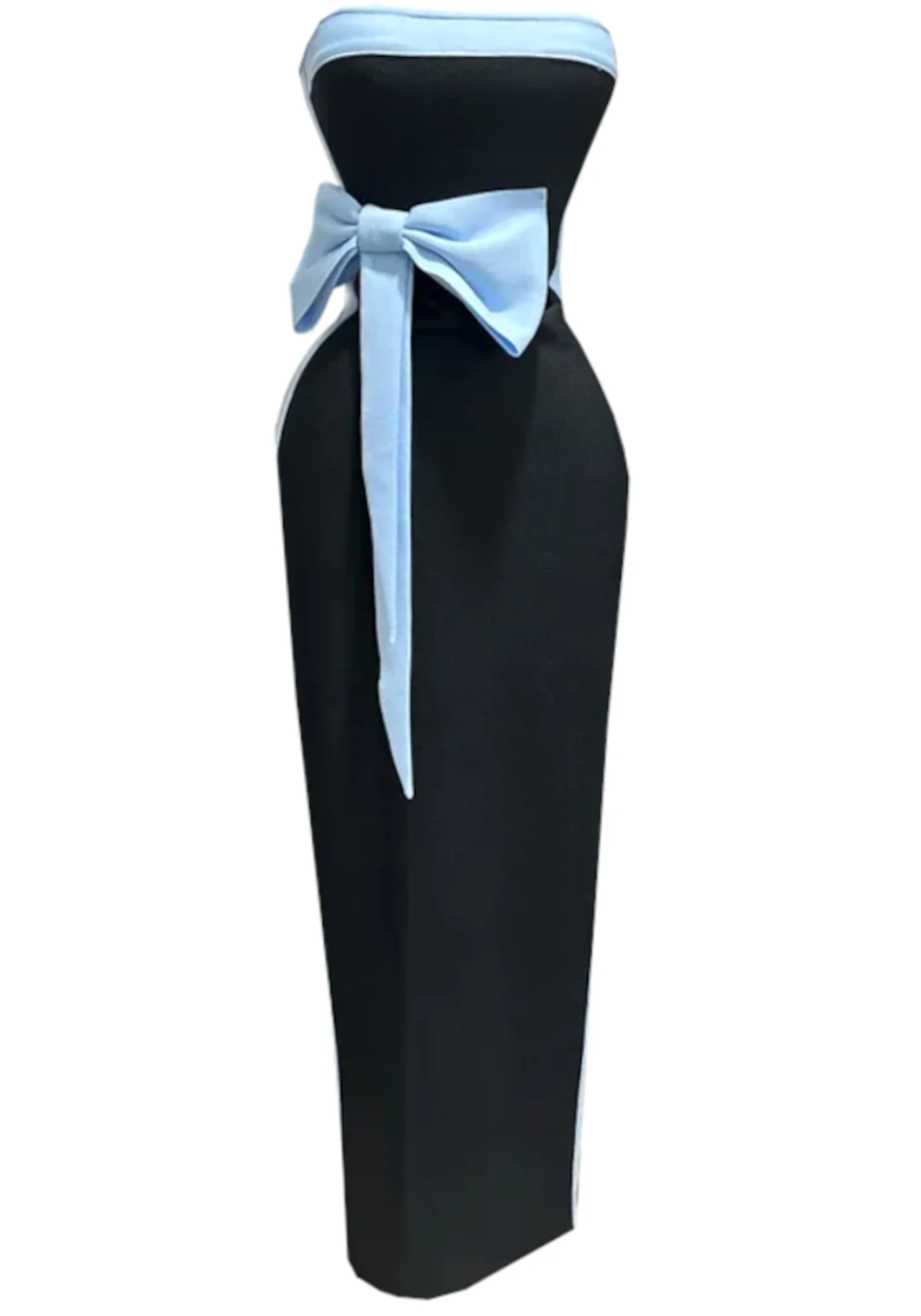 Black Blue Strapless Bow Maxi Dress with Colorblock Design
