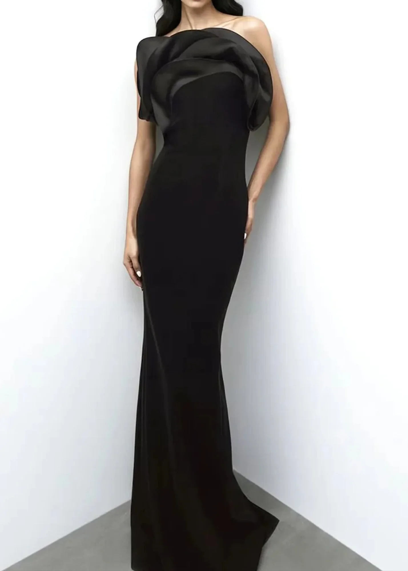 Black Strapless Maxi Dress with Petal Detail