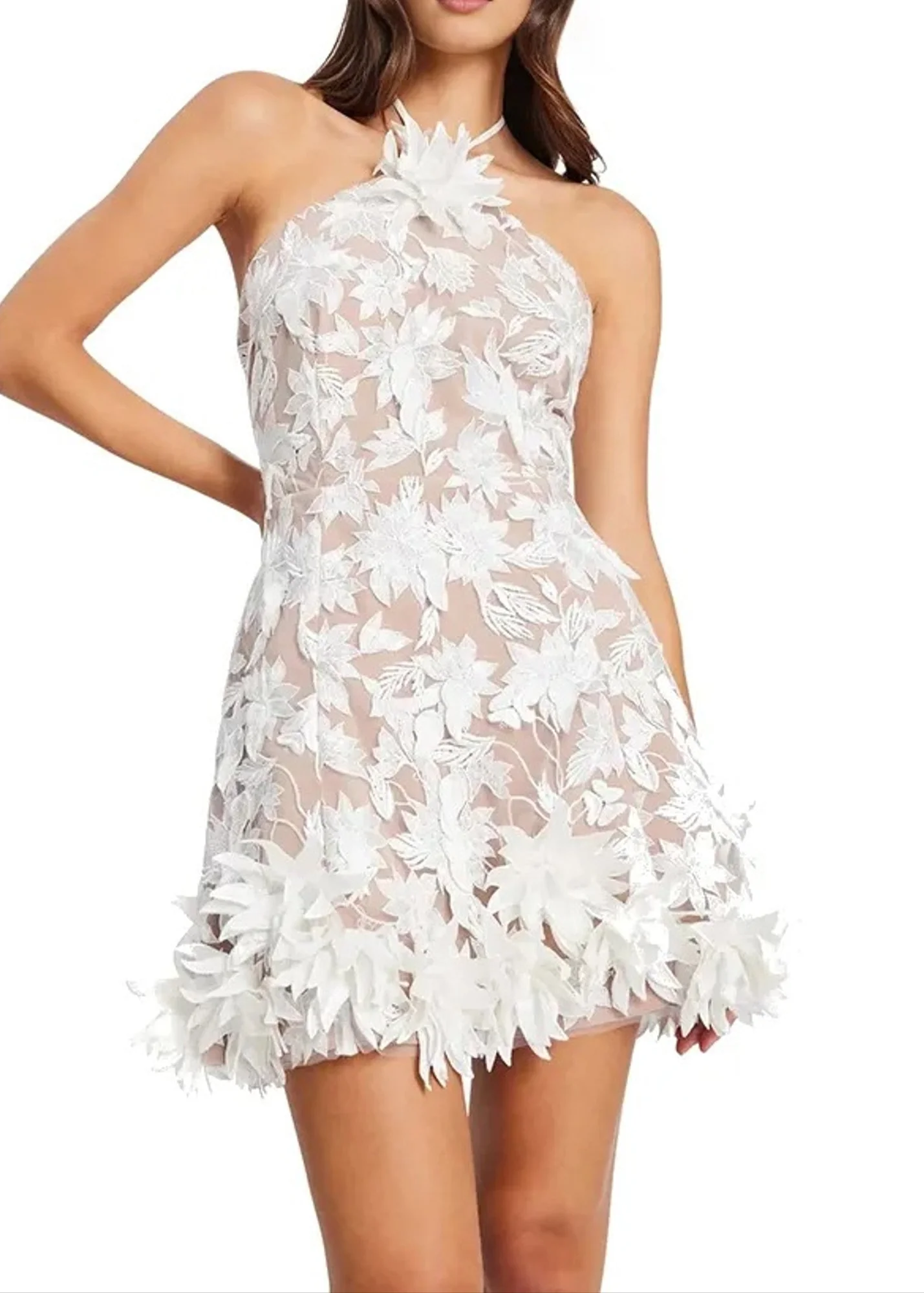 White Halter Floral Embroidered Mini Dress - Elegant Style