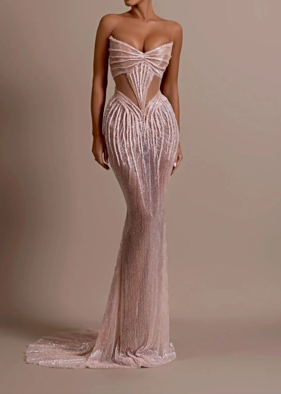 Nude Sequin Mermaid Maxi Dress with Mesh Insert