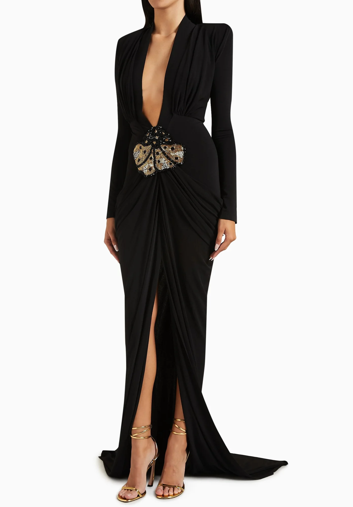Black Crystal Embellished V Neck Maxi Dress