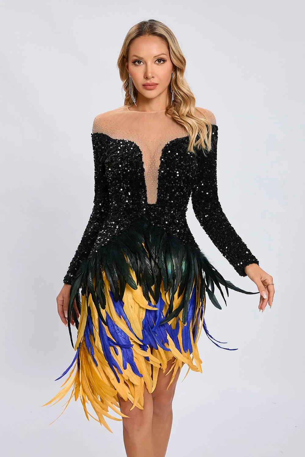 Black Sequin Feather Mini Dress - Glamorous Statement Piece
