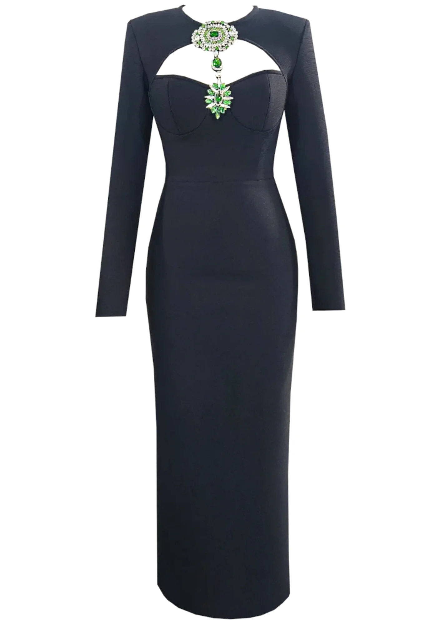 Black Maxi Dress with Crystal Embellishments - Elegant Long Sleeve