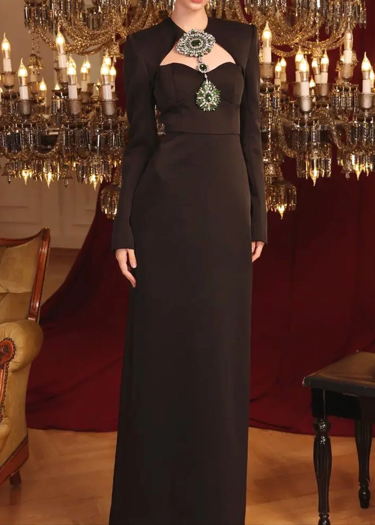 Black Maxi Dress with Crystal Embellishments - Elegant Long Sleeve
