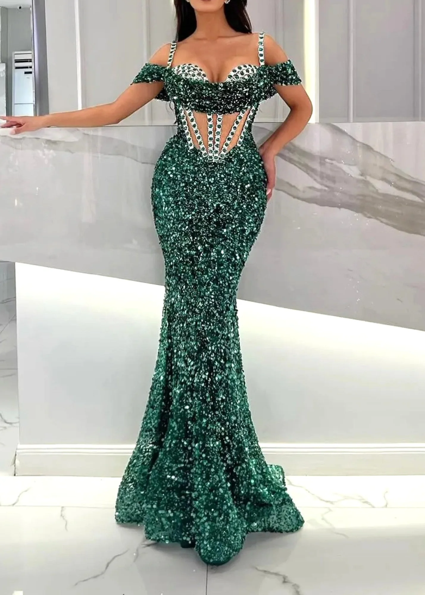 Green Sequin V-Neck Maxi Dress with Crystal Embellishments