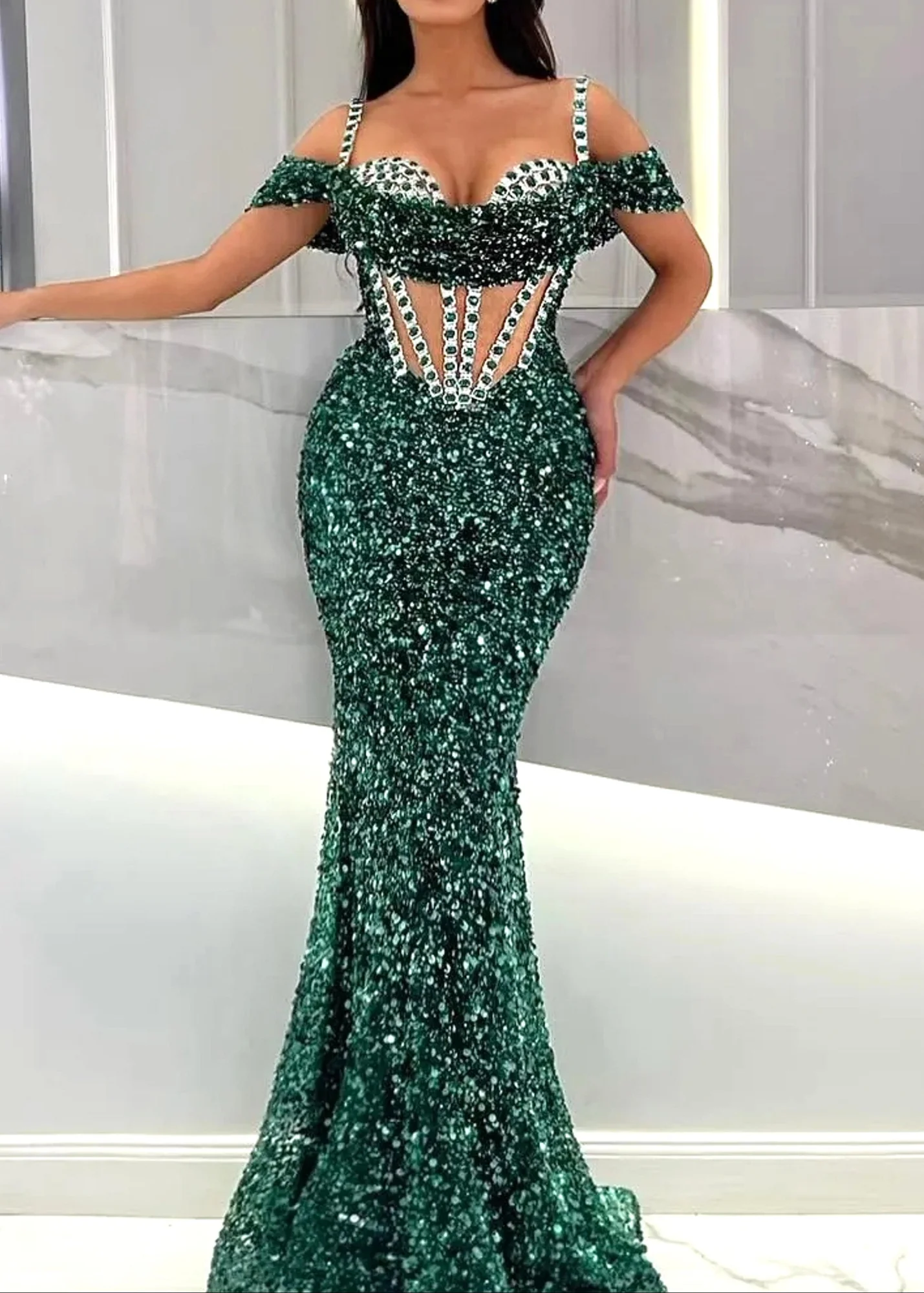 Green Sequin V-Neck Maxi Dress with Crystal Embellishments
