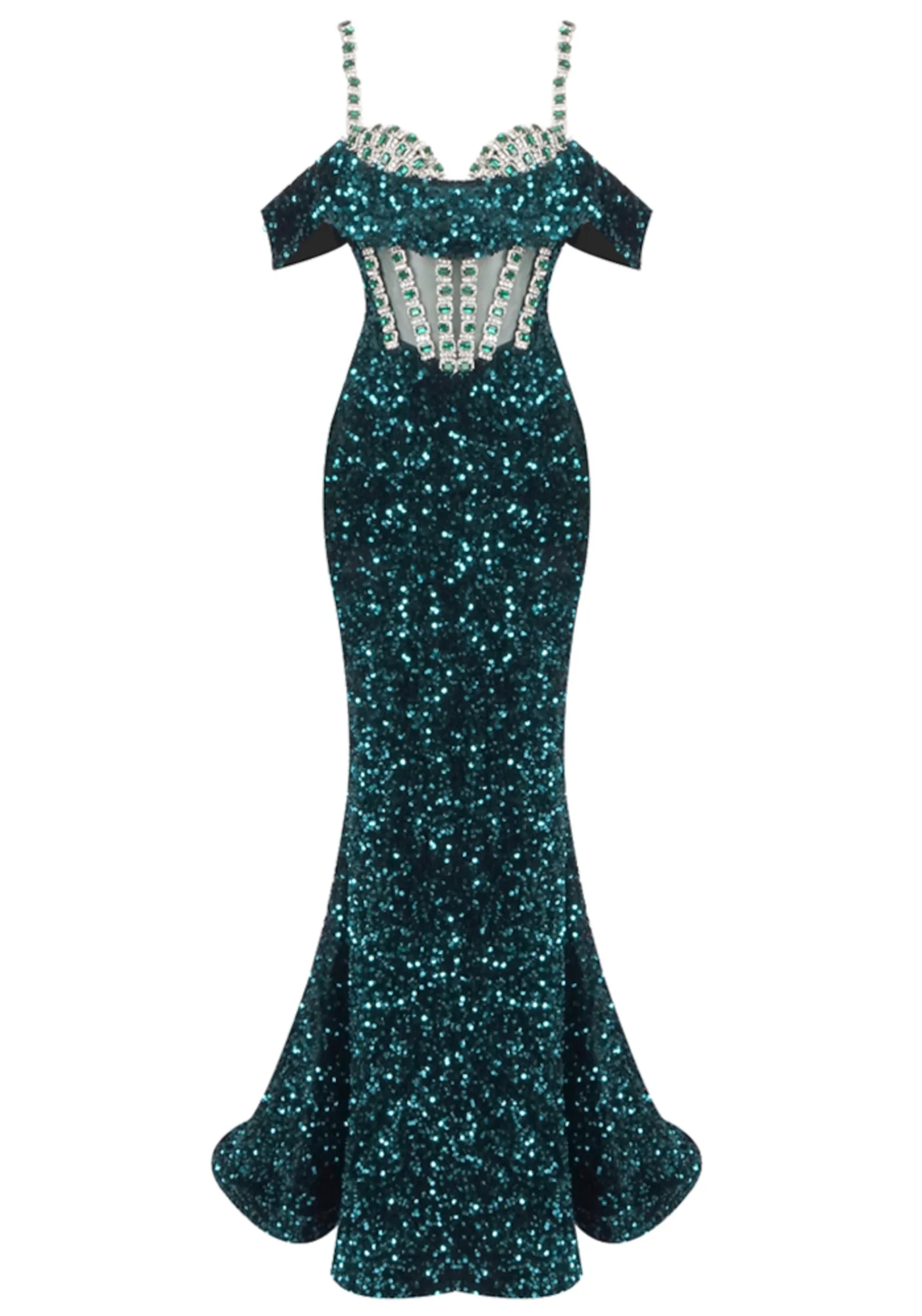 Green Sequin V-Neck Maxi Dress with Crystal Embellishments