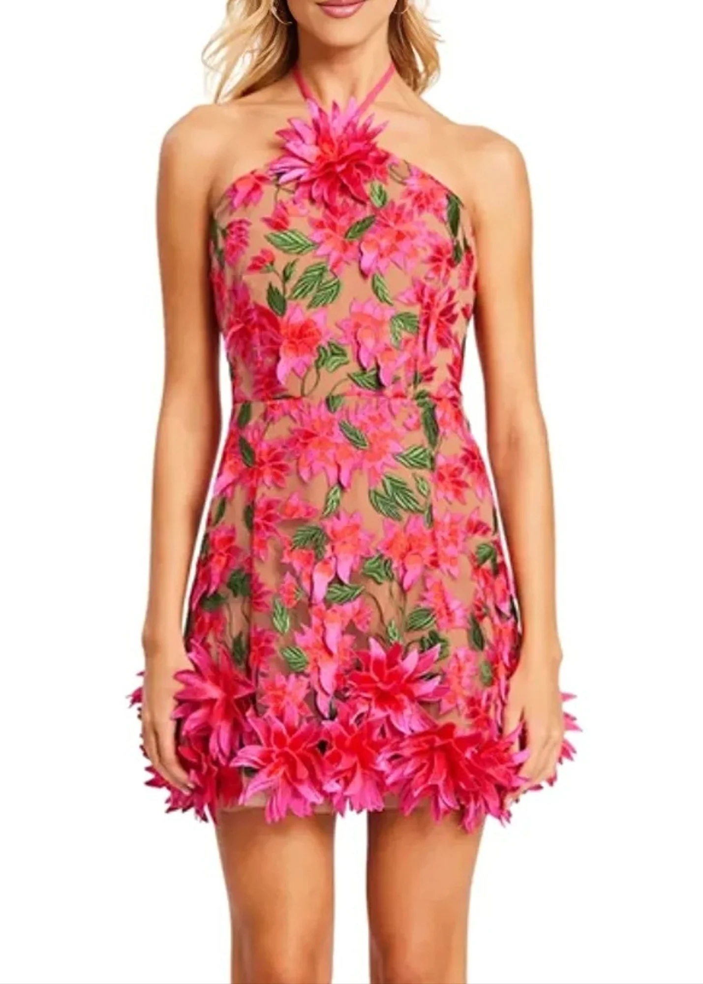 Hot Pink Floral Embroidered Mini Halter Dress
