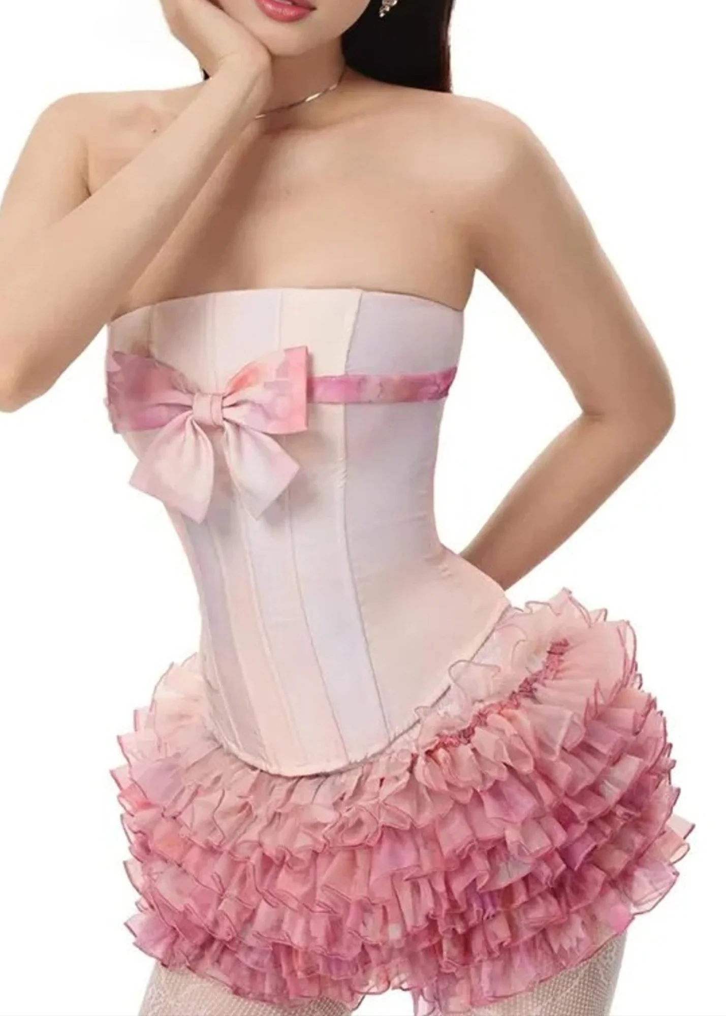 Pink Strapless Ruffle Corset Mini Dress