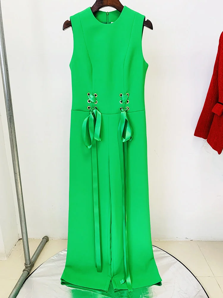 Green Silk Lace-Up Jumpsuit