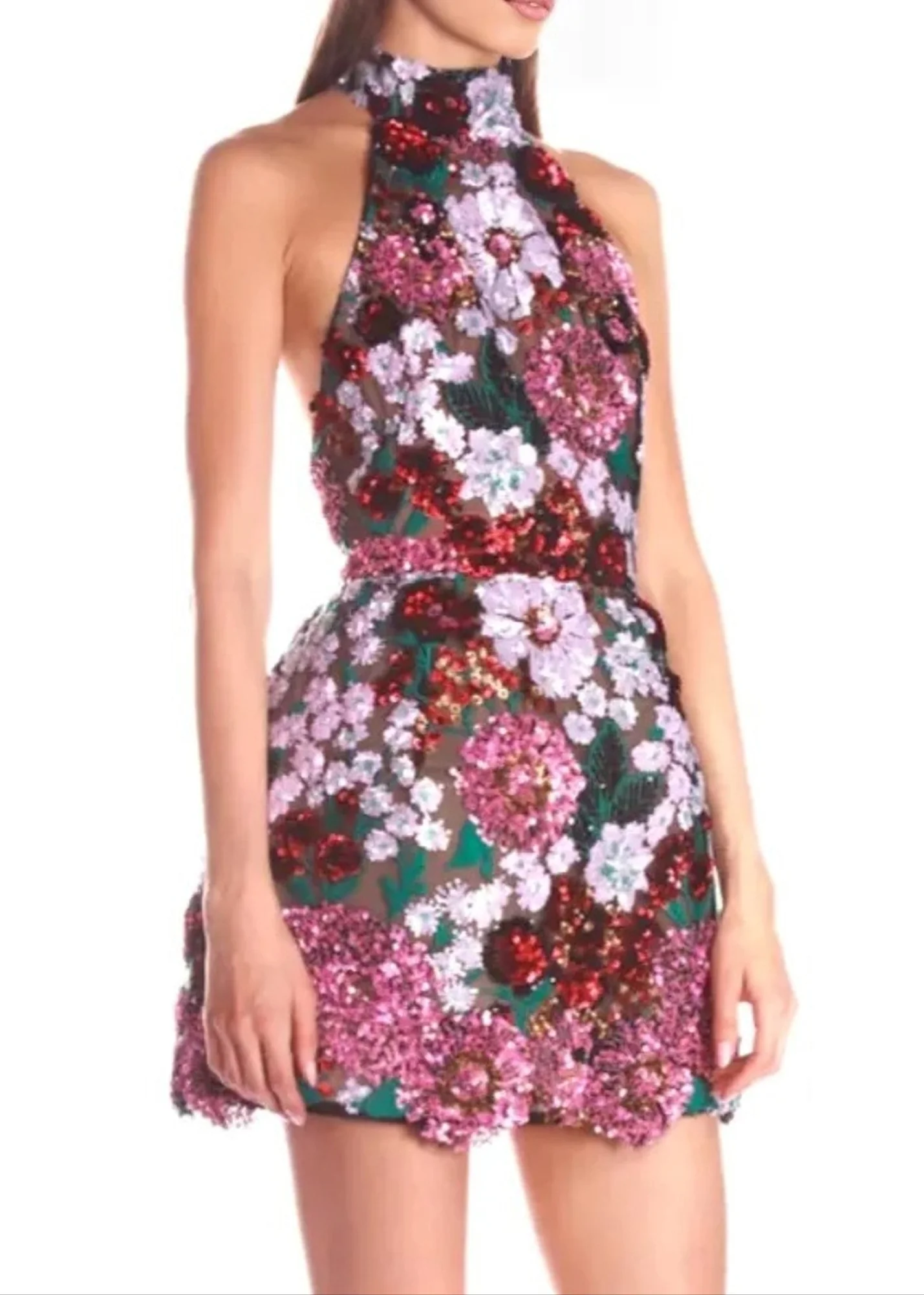 Floral Halter Sequin Mini Dress - Pink Green Sleeveless