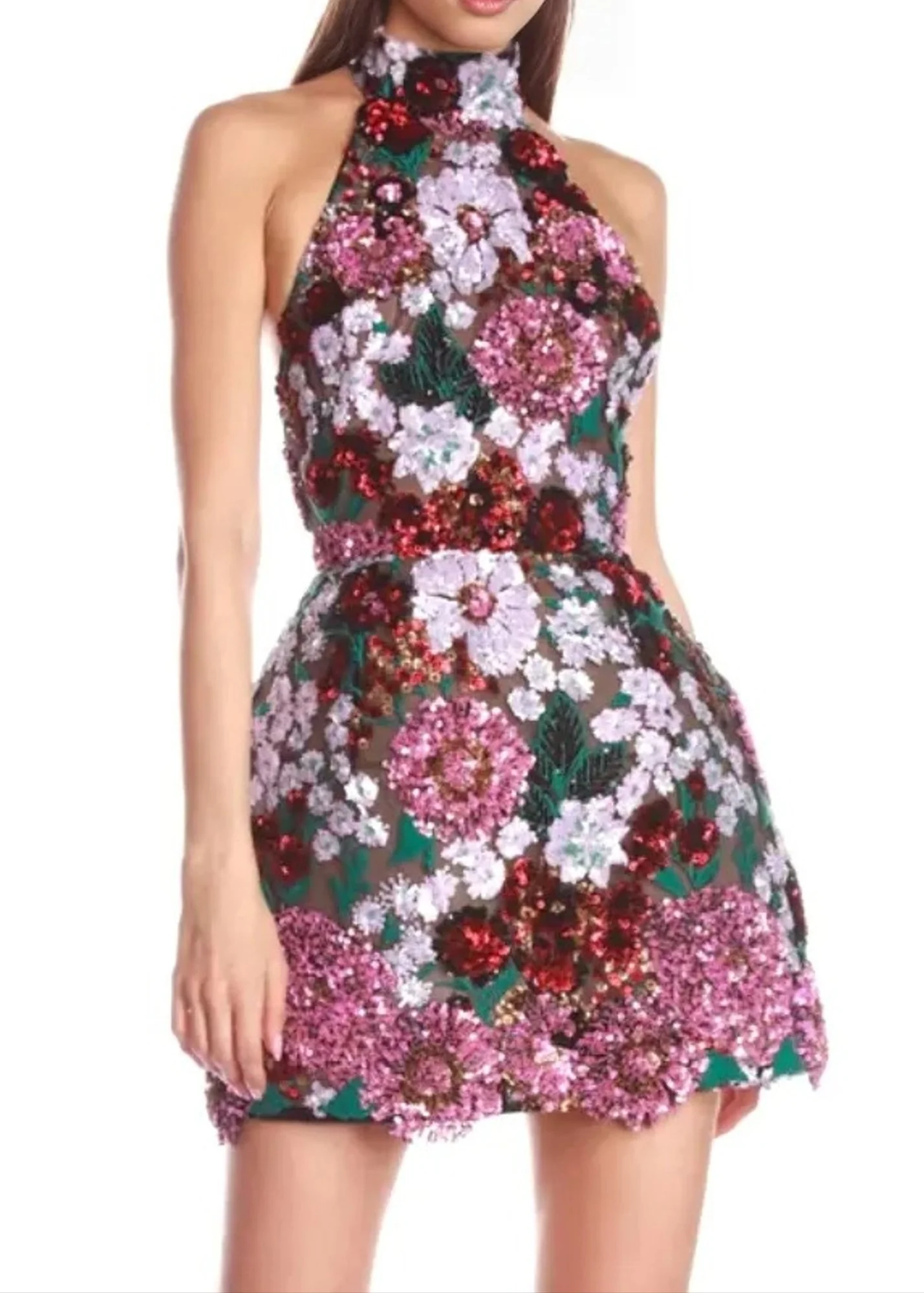 Floral Halter Sequin Mini Dress - Pink Green Sleeveless