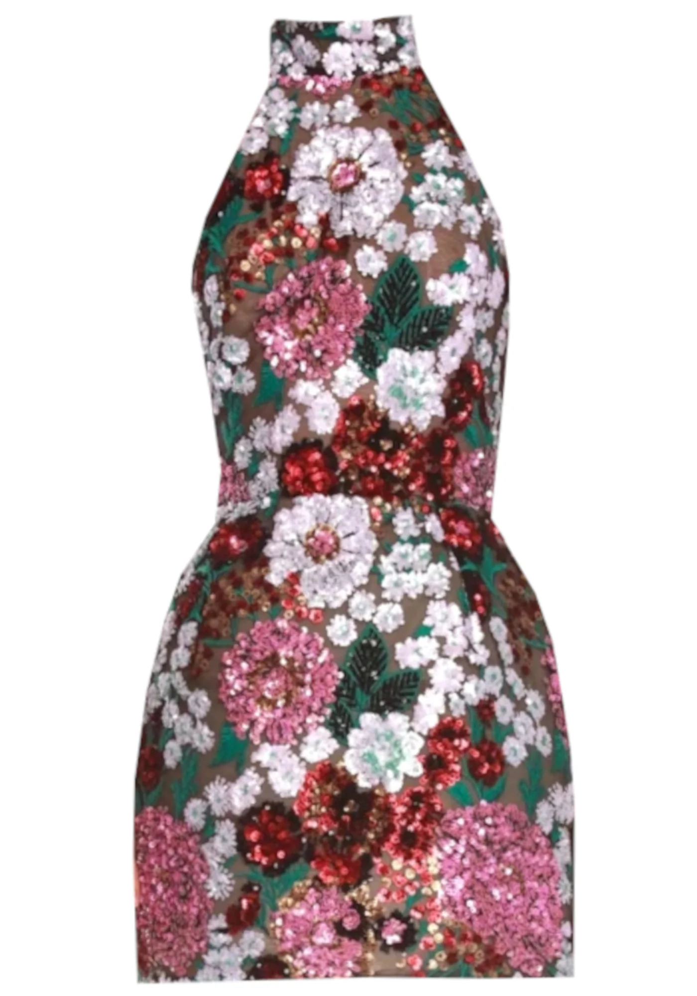 Floral Halter Sequin Mini Dress - Pink Green Sleeveless