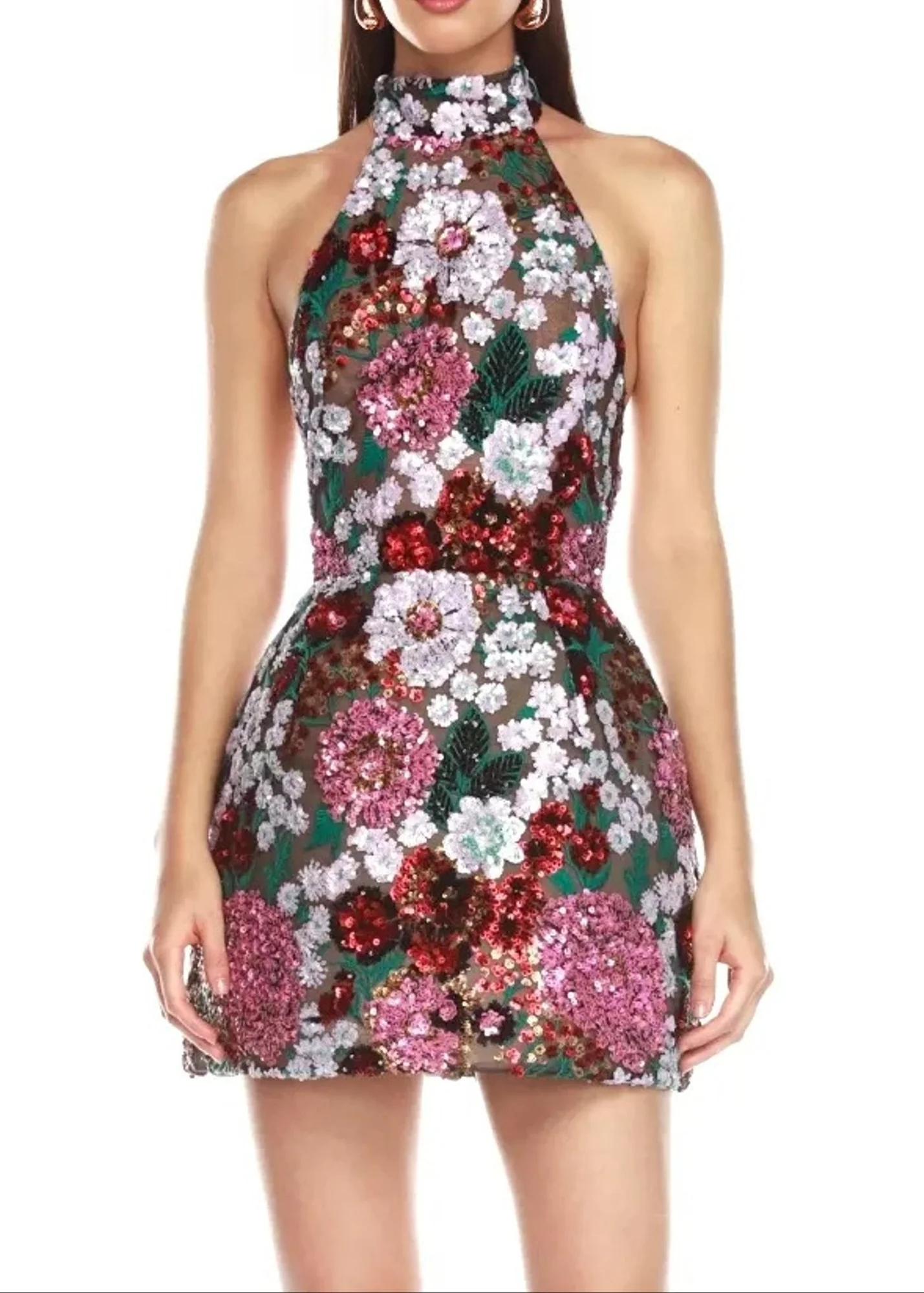 Floral Halter Sequin Mini Dress - Pink Green Sleeveless