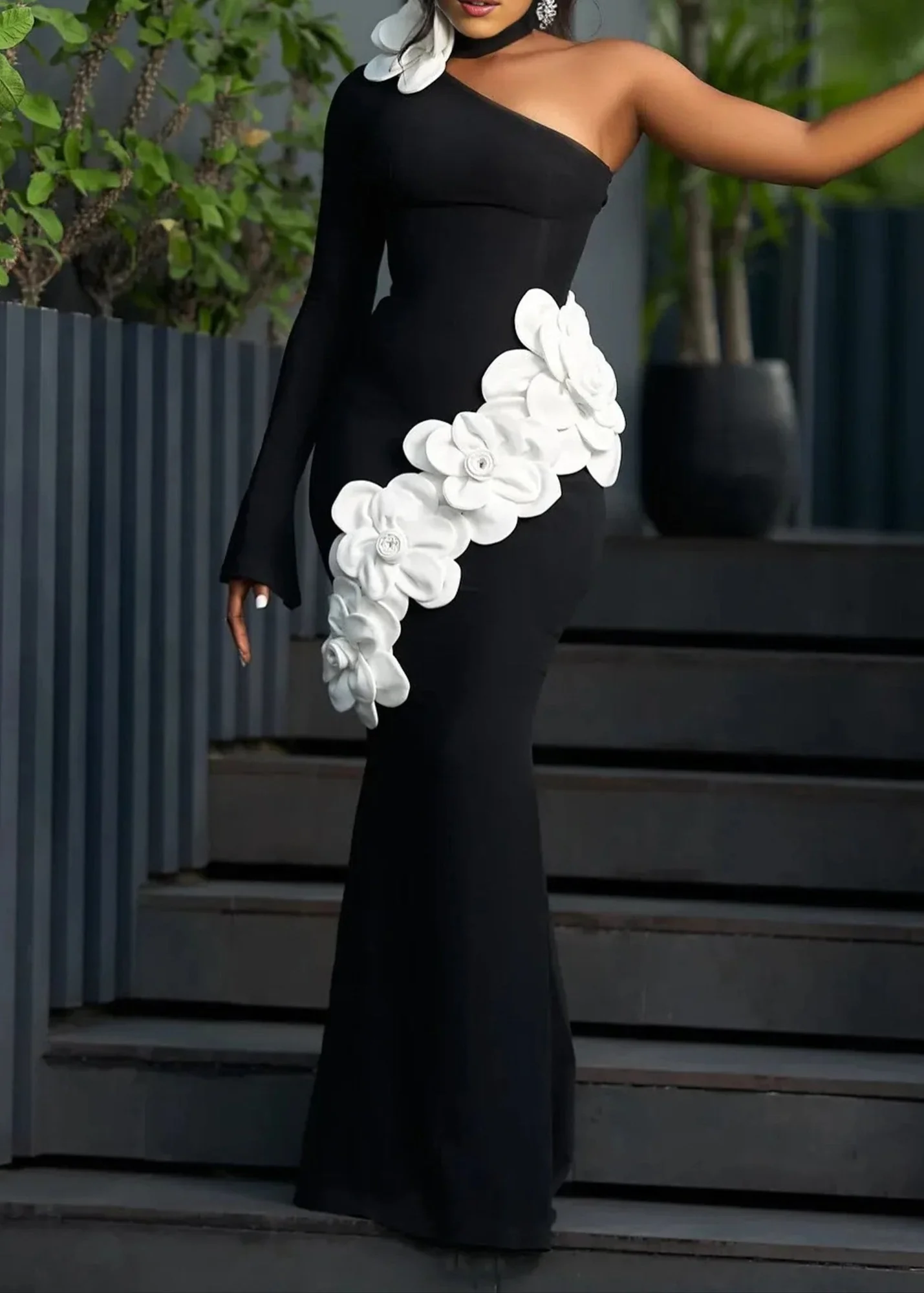 Black Floral One-Shoulder Maxi Dress