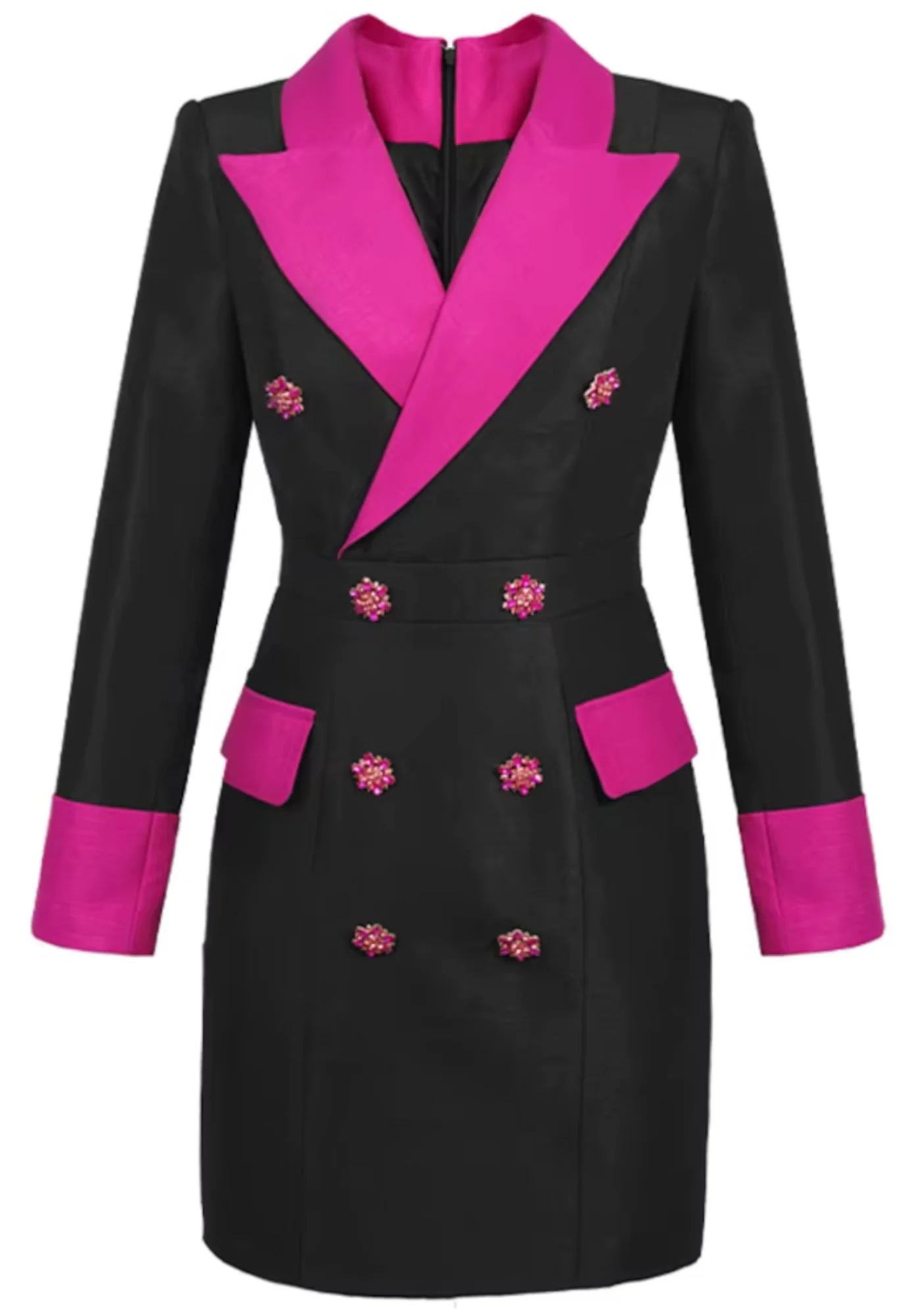 Colorblock V-Neck Blazer Mini Dress in Black Hot Pink