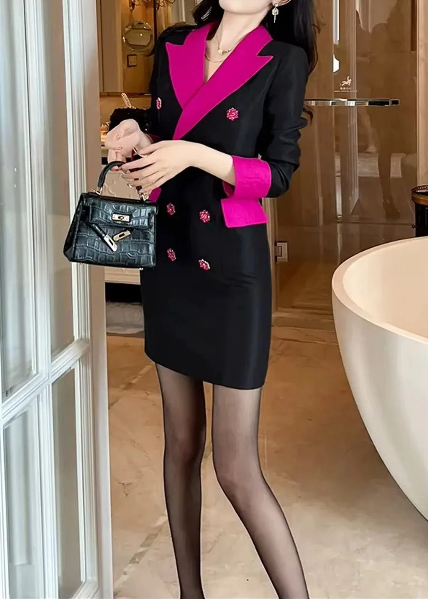 Colorblock V-Neck Blazer Mini Dress in Black Hot Pink