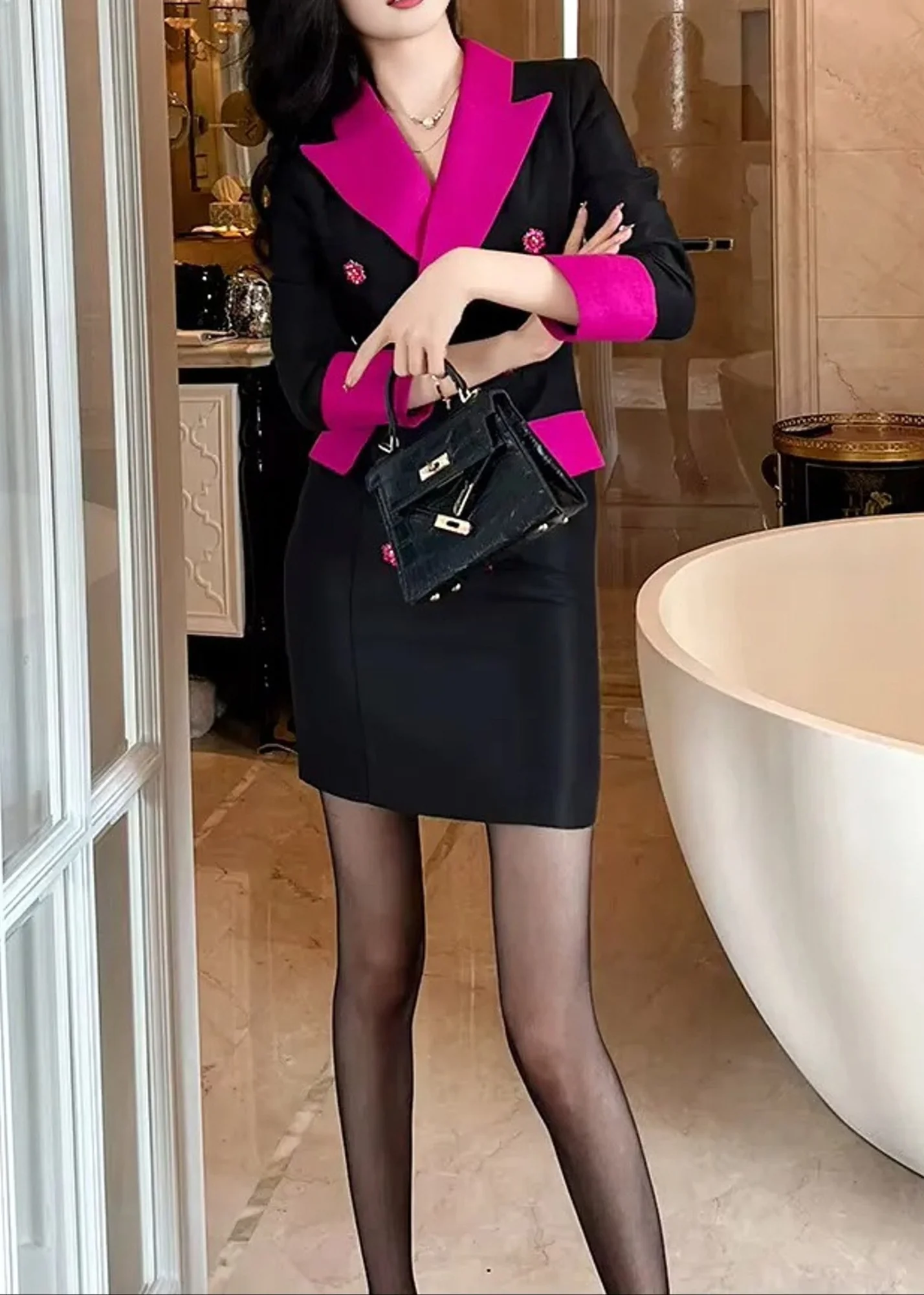 Colorblock V-Neck Blazer Mini Dress in Black Hot Pink