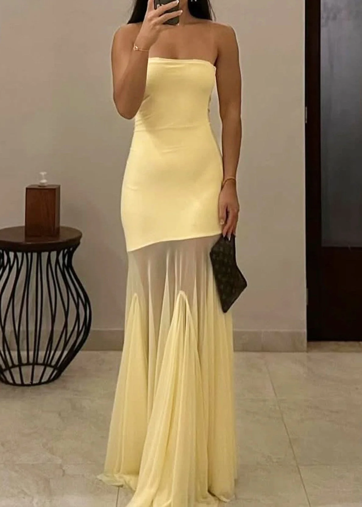 Yellow Mesh Mermaid Maxi Dress - Elegant Strapless Design