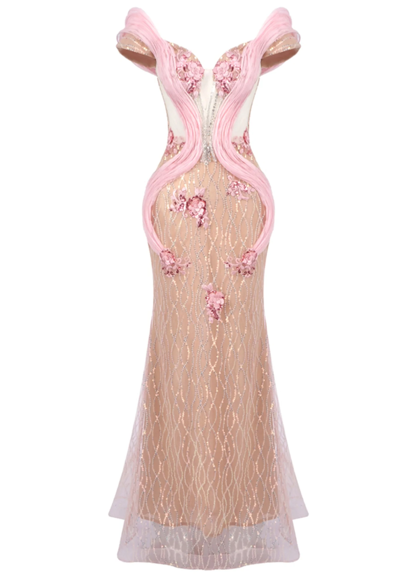 Nude Pink Floral Sequin Mermaid Maxi Dress