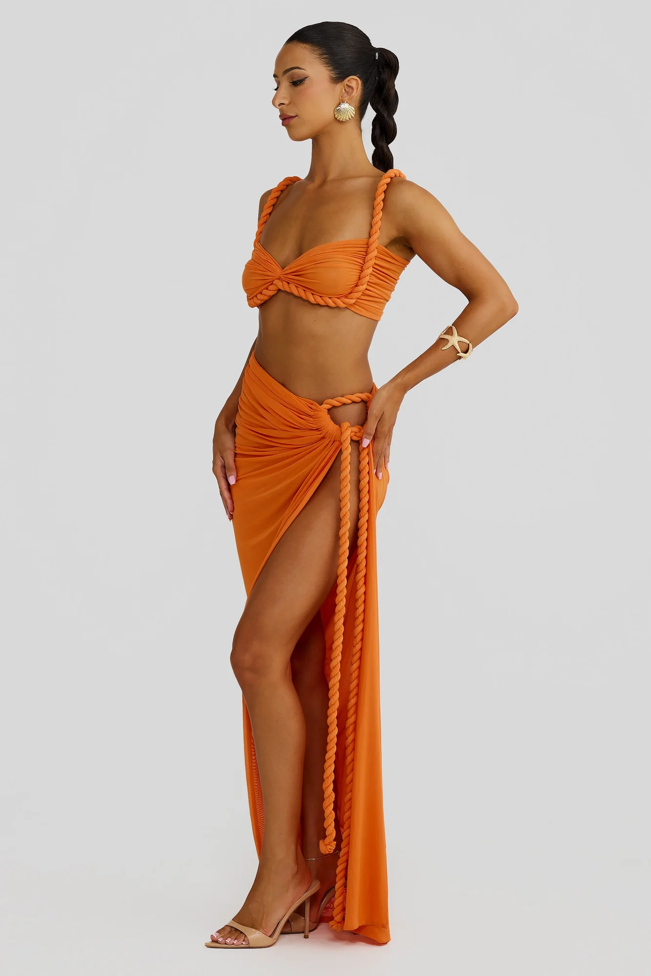 Orange Braided Suspender Swimsuit Set with Slit Skirt