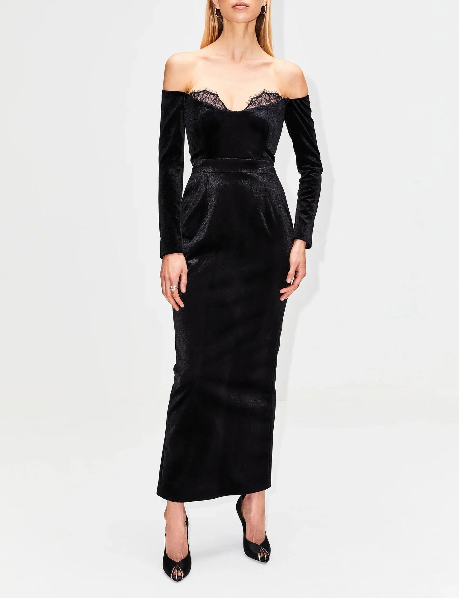 Black Lace and Velvet Maxi Dress - Elegant Evening Gown