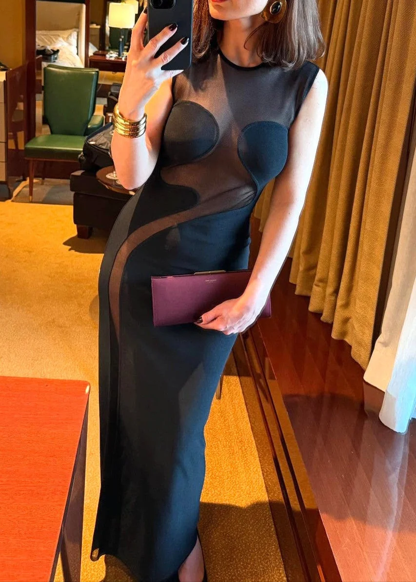 Black Sleeveless Mesh Insert Maxi Dress for Women