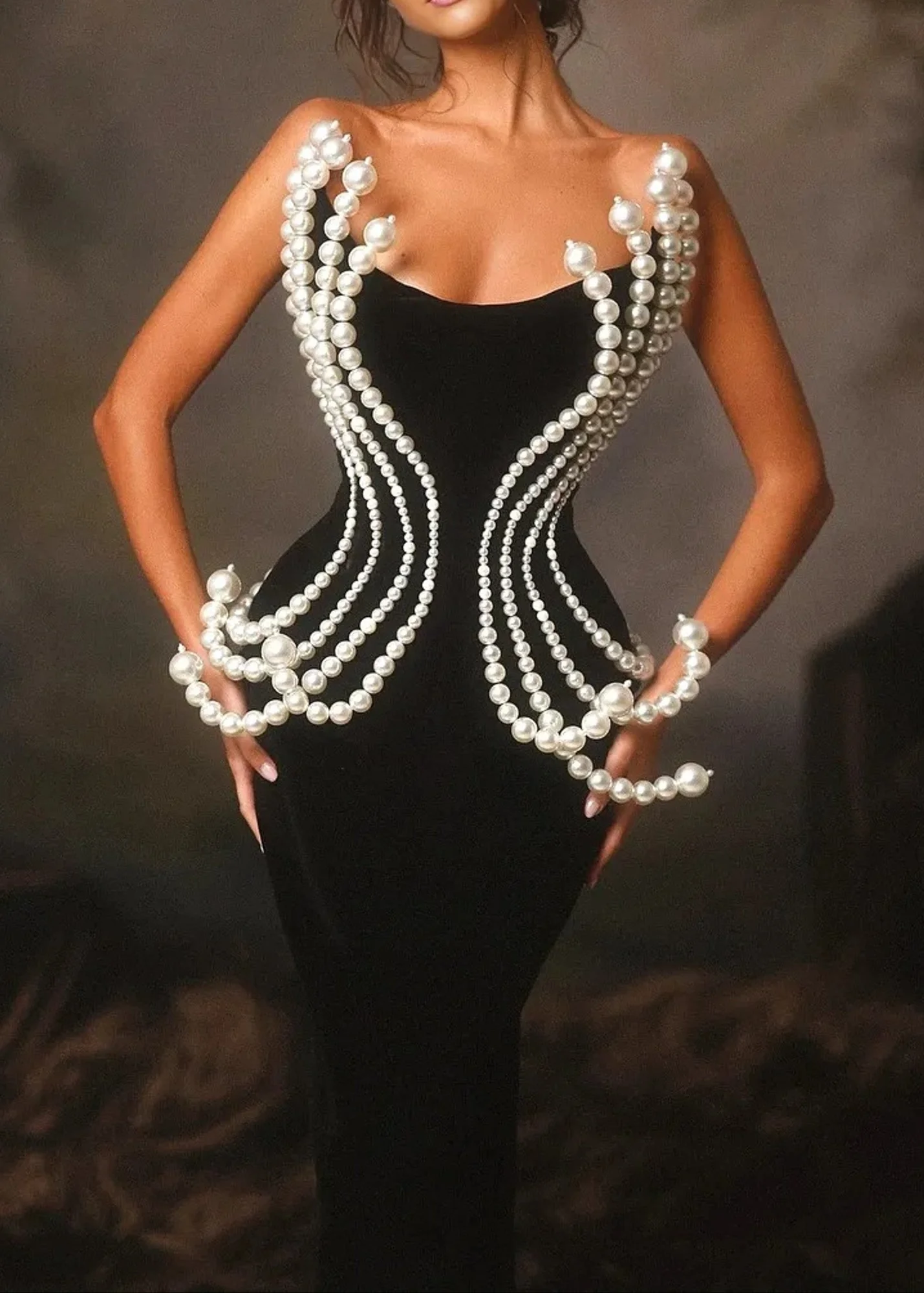 Black Strapless Pearl Maxi Dress with YKK Zipper