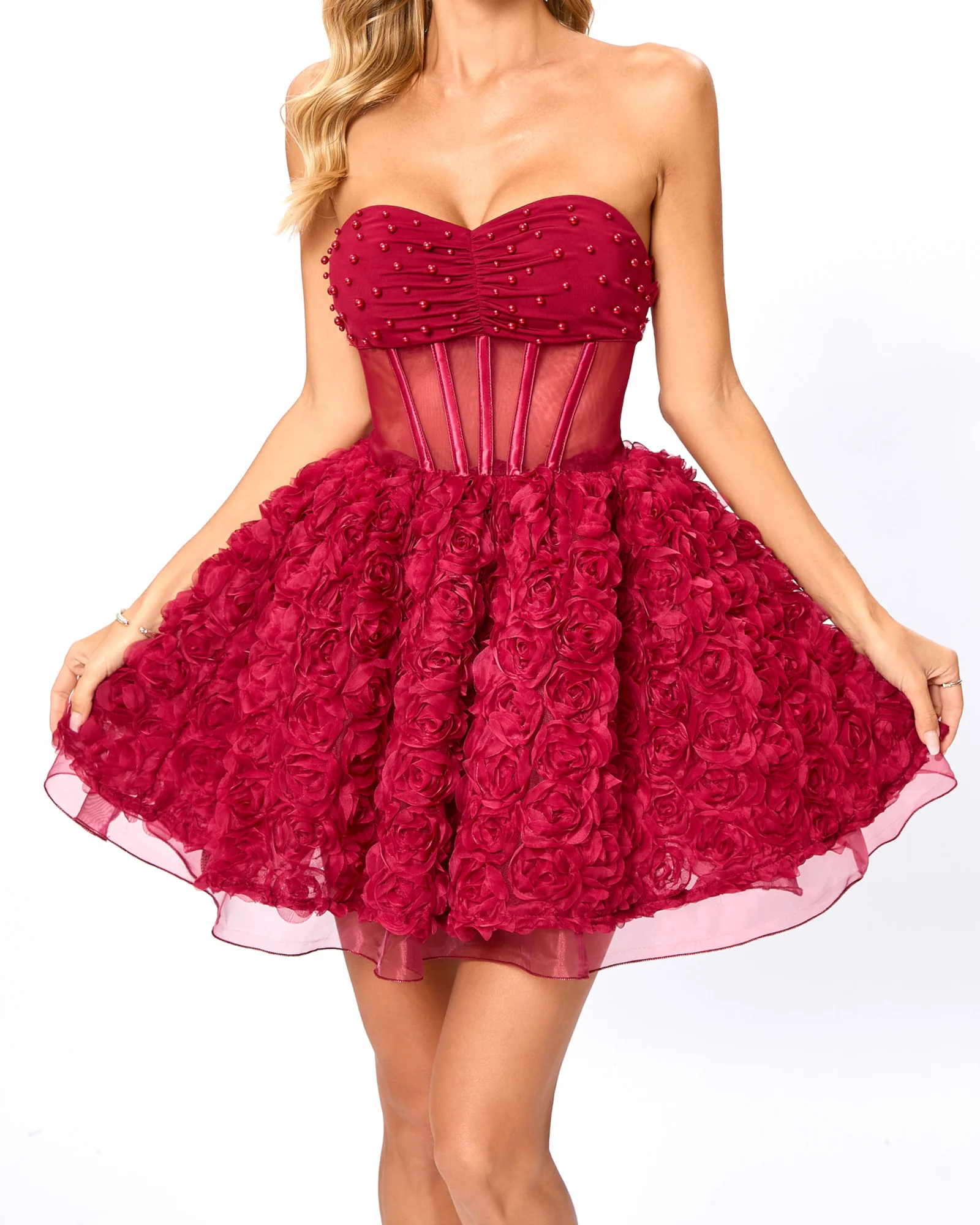Red Strapless Floral Corset A-Line Mini Dress