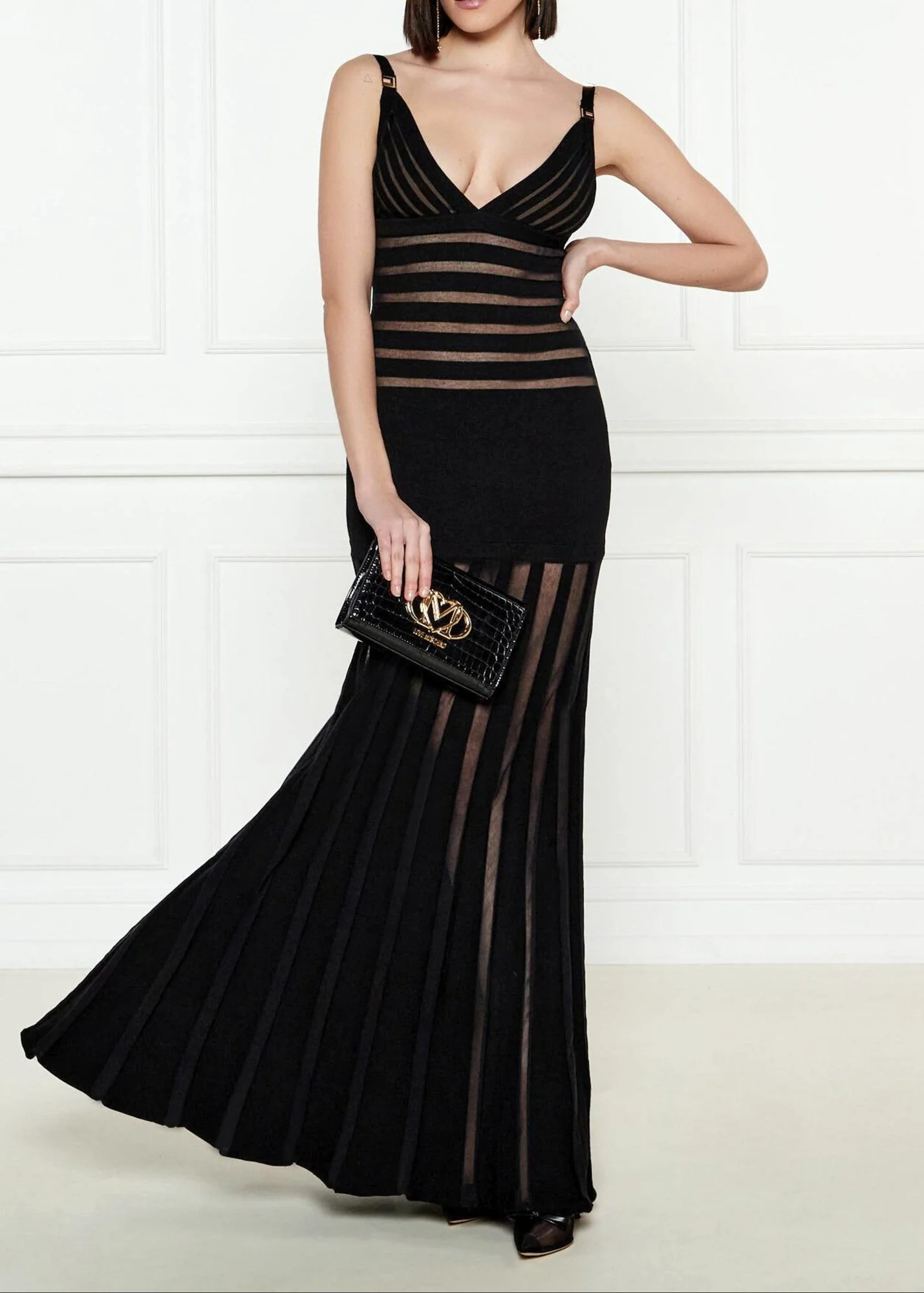 Black Striped Mesh Maxi Dress for Women