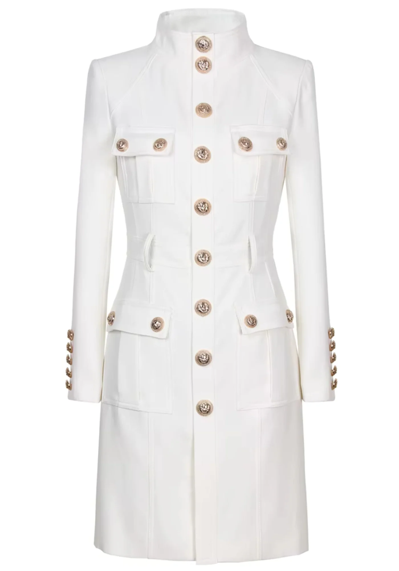 White Long Sleeve Button Coat Dress - Polyester/Cotton Blend
