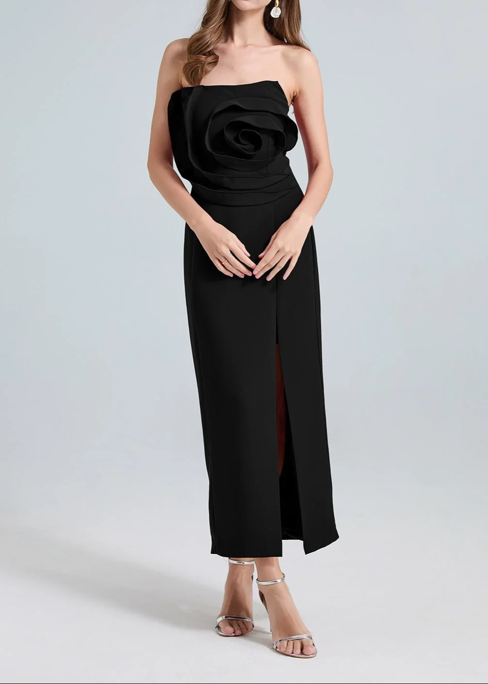 Elegant Black 3D Flower Strapless Midi Dress