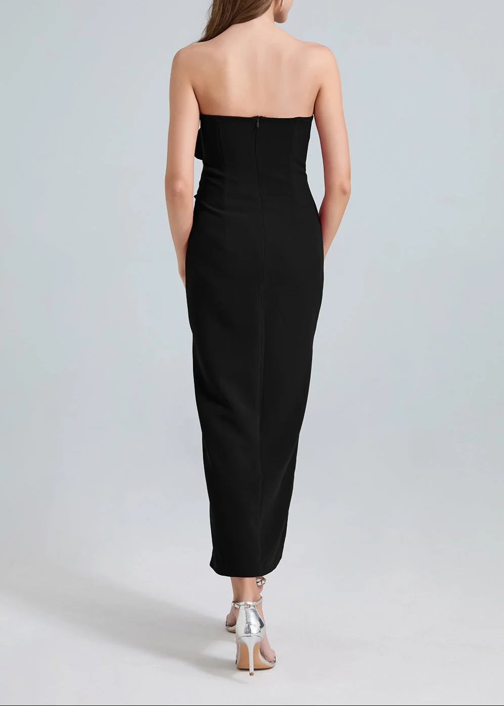 Elegant Black 3D Flower Strapless Midi Dress