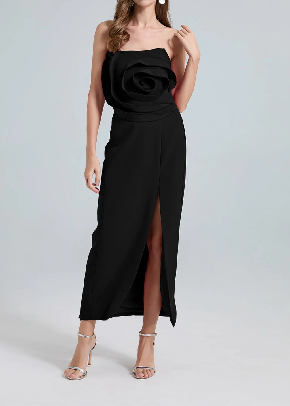 Elegant Black 3D Flower Strapless Midi Dress