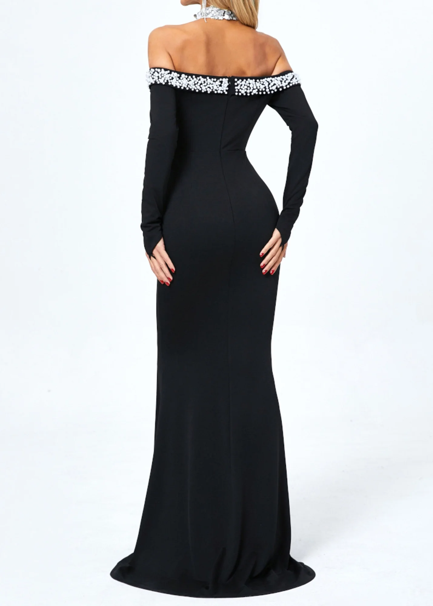 Black Sequin Pearl Halter Maxi Dress - Elegant Long Sleeve Style