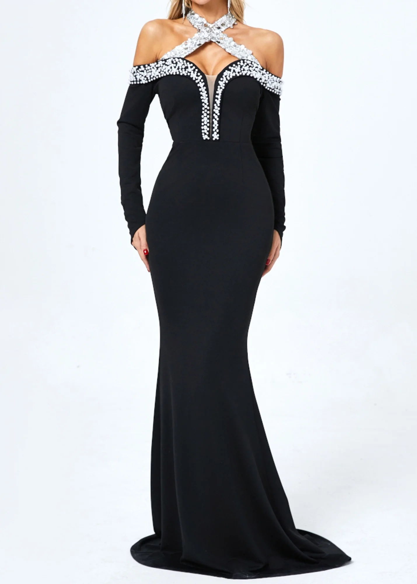 Black Sequin Pearl Halter Maxi Dress - Elegant Long Sleeve Style