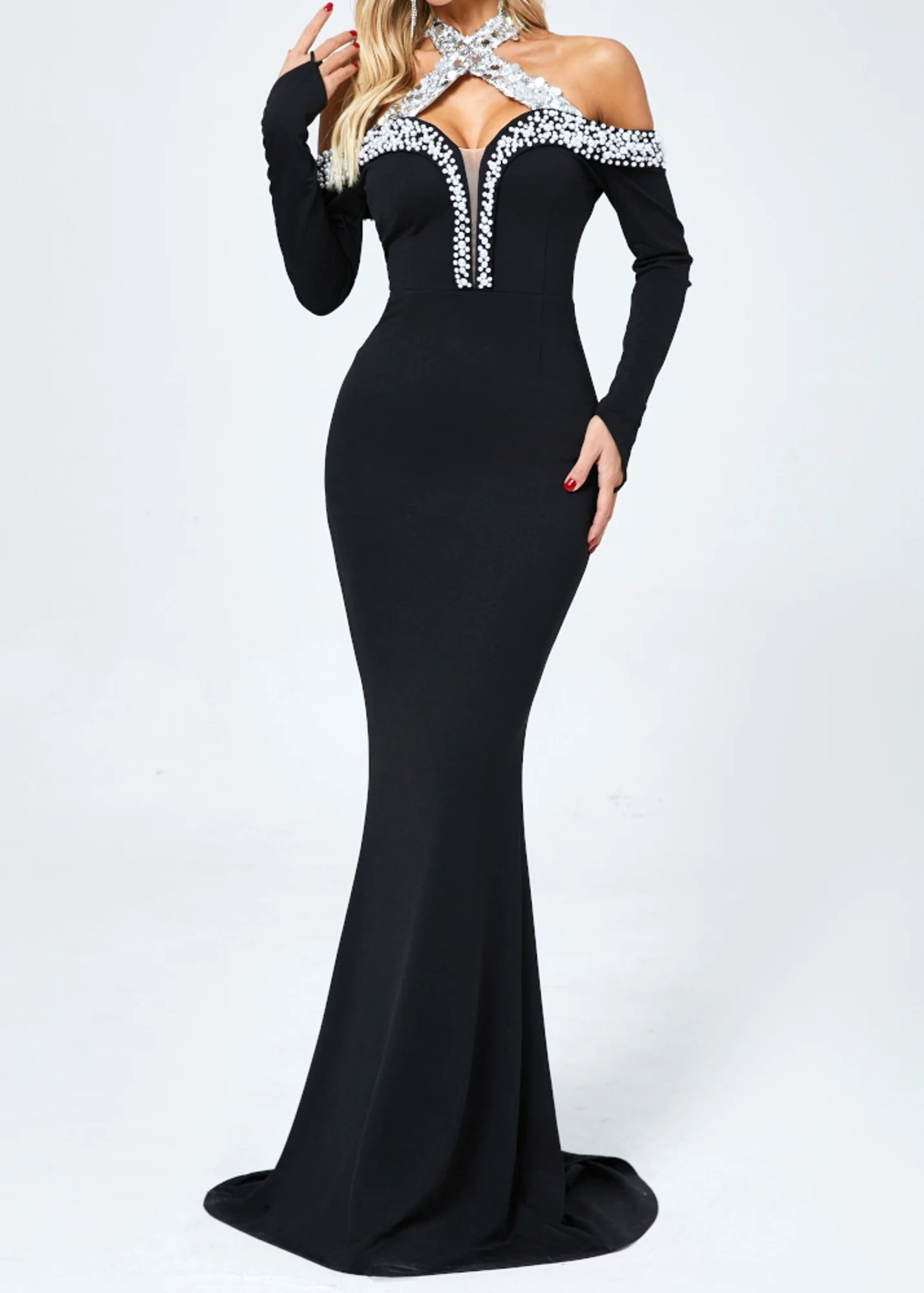 Black Sequin Pearl Halter Maxi Dress - Elegant Long Sleeve Style