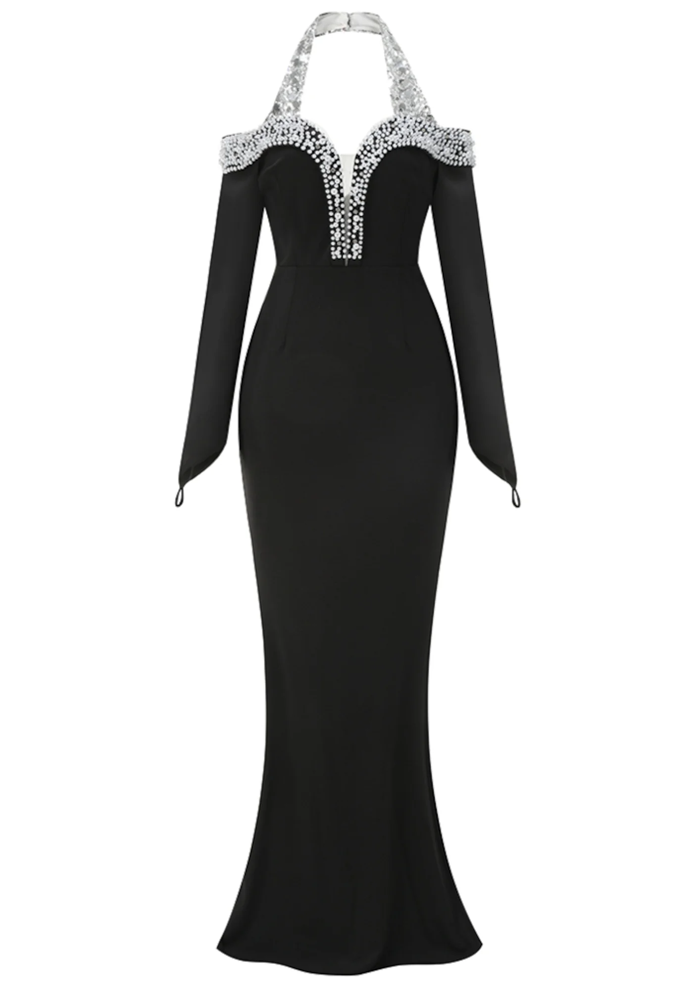 Black Sequin Pearl Halter Maxi Dress - Elegant Long Sleeve Style