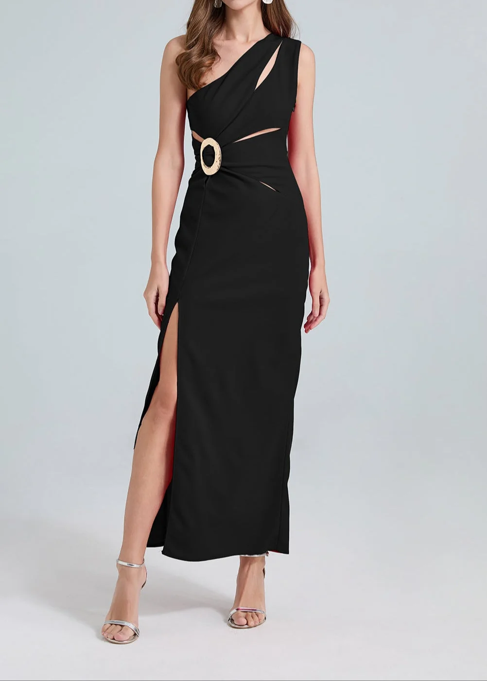 Black One-Shoulder Side Slit Maxi Dress with Cutout Details
