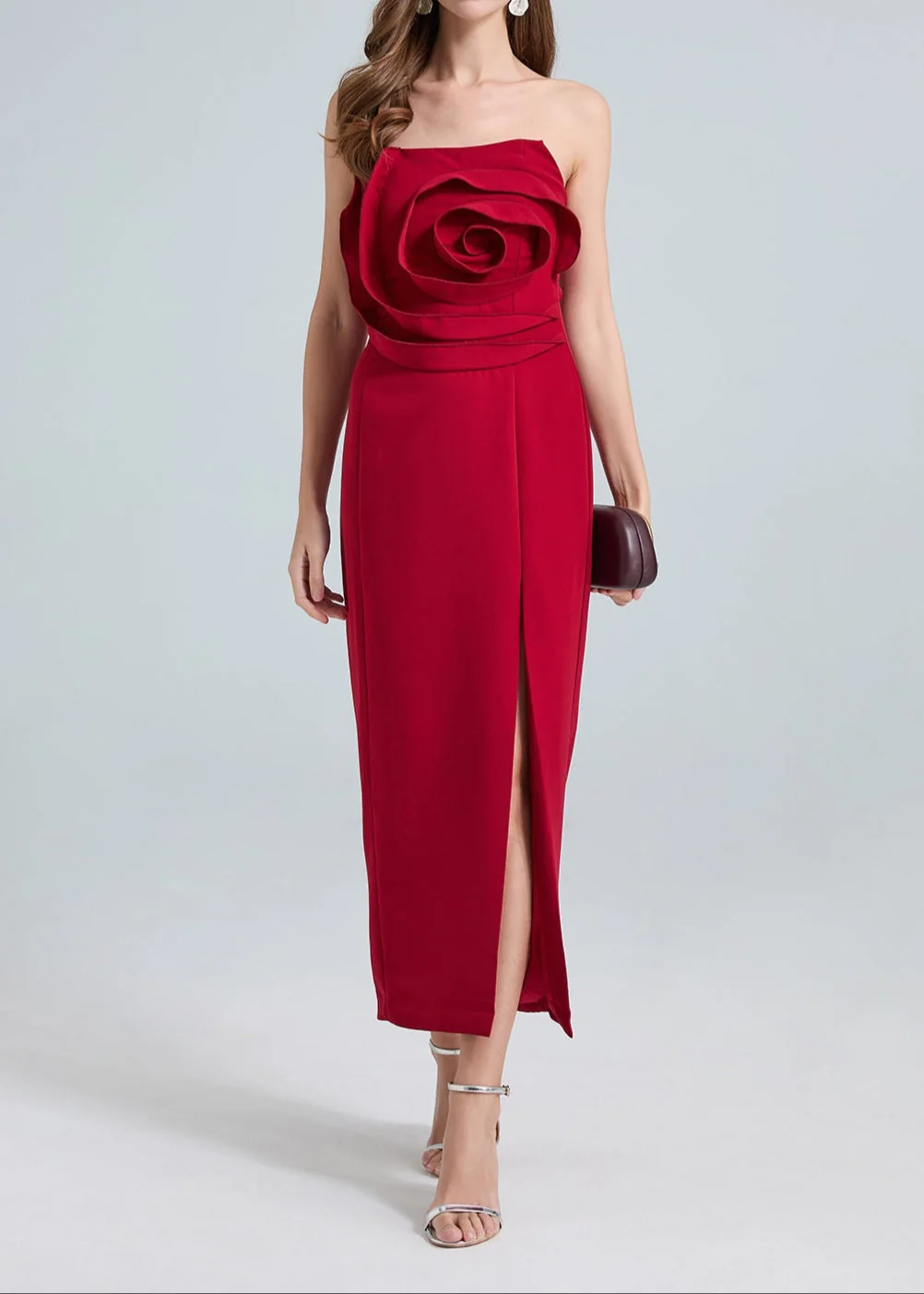 Red Strapless 3D Floral Midi Dress - Elegant & Sophisticated