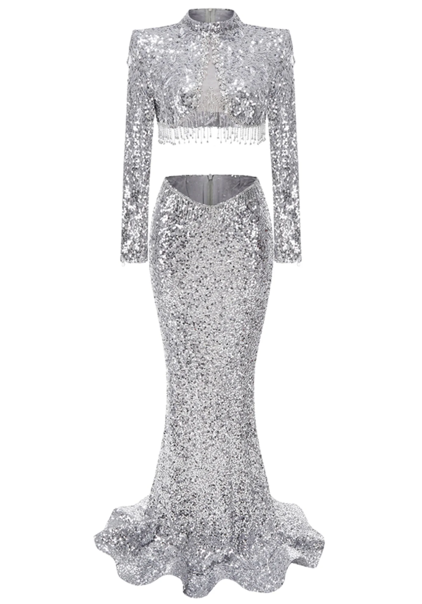 Silver Sequin Long Sleeve Maxi Dress with Crystal Embellishments