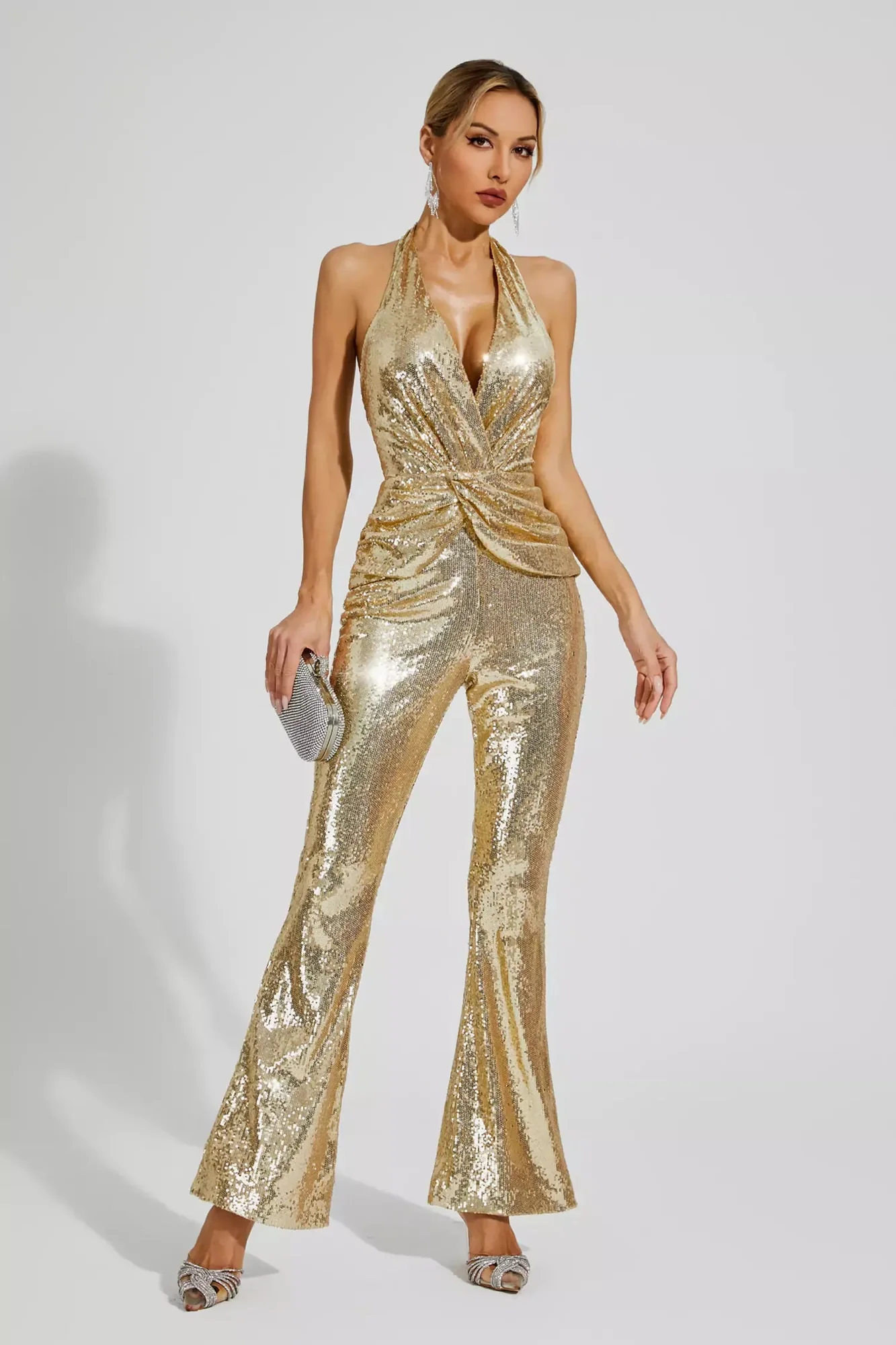 Gold Sequin Halter Jumpsuit - Elegant Glamorous Evening Attire