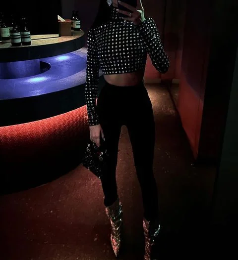 Chic Embellished Mesh Long Sleeve Top in Black