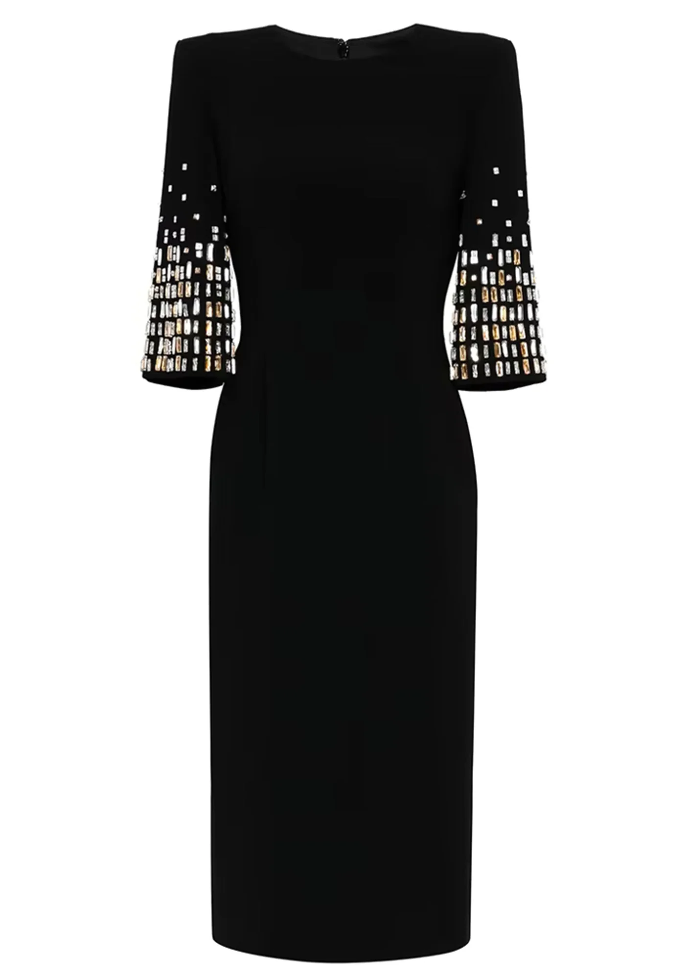 Black Crystal Embellished Short Sleeve Midi Dress